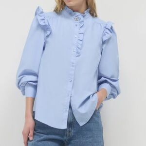 H&M Linen Blend Ruffle Trimmed Button Down Blouse